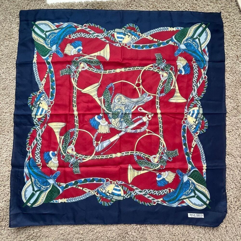 VTG Olga Greco by Disaronno Italian Equestrian Scarf Navy Red 30” Square
